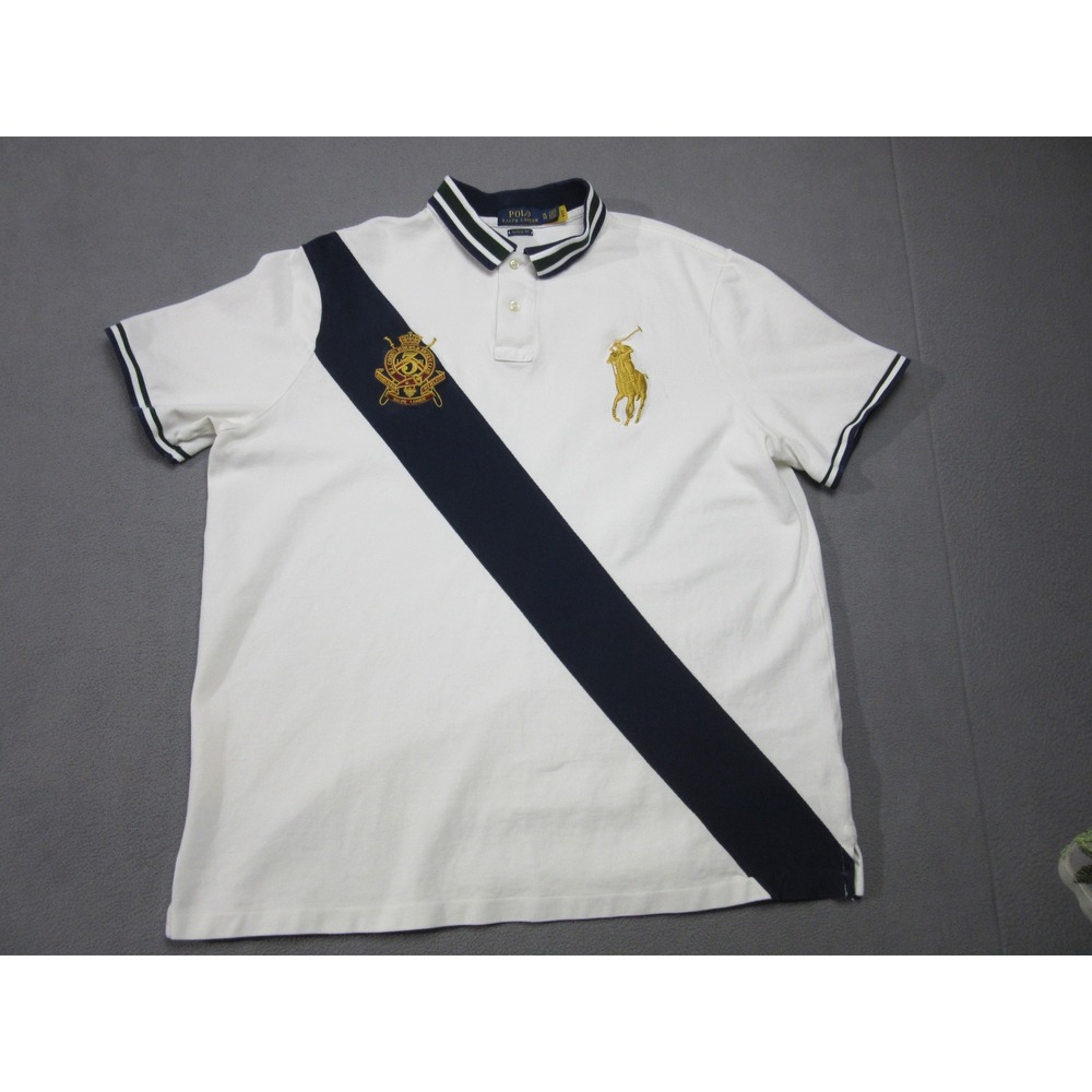 Polo Ralph Lauren Shirt Mens XL White Gold Big Pony Blue Sash Crest Jockey